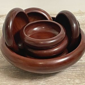 Caribcraft mahogany Snack/Salad 7pc MCM wood bowl set handcrafted in Haiti